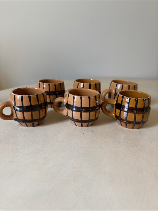 Hungarian Possibly Other - Barrel-Style Ceramic Espresso Mugs in Tan with Dark Brown Accents (Set of 6) EUC